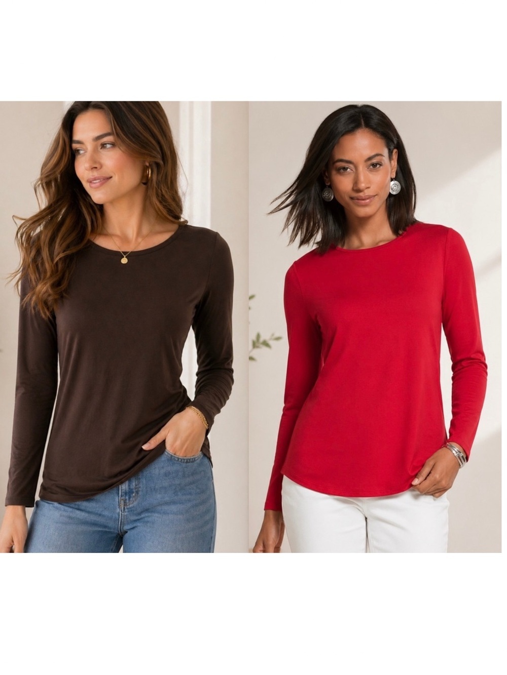 BUNDLE Chicos Smooth Karina Long Sleeve Sultry Red Brown Tee Shirt stretch NEW